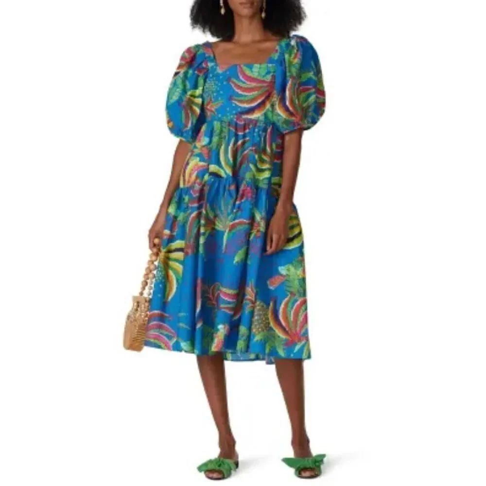 FARM RIO Tropics Tiered Midi Dress In Blue Banana Print Midi Dress Women’s Sz XS
